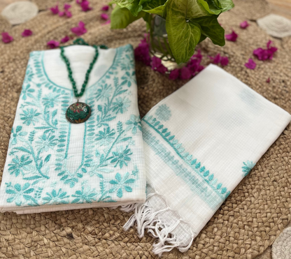 White Green Kota Doriya Chikankari Suit Set