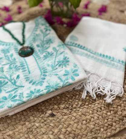 White Green Kota Doriya Chikankari Suit Set