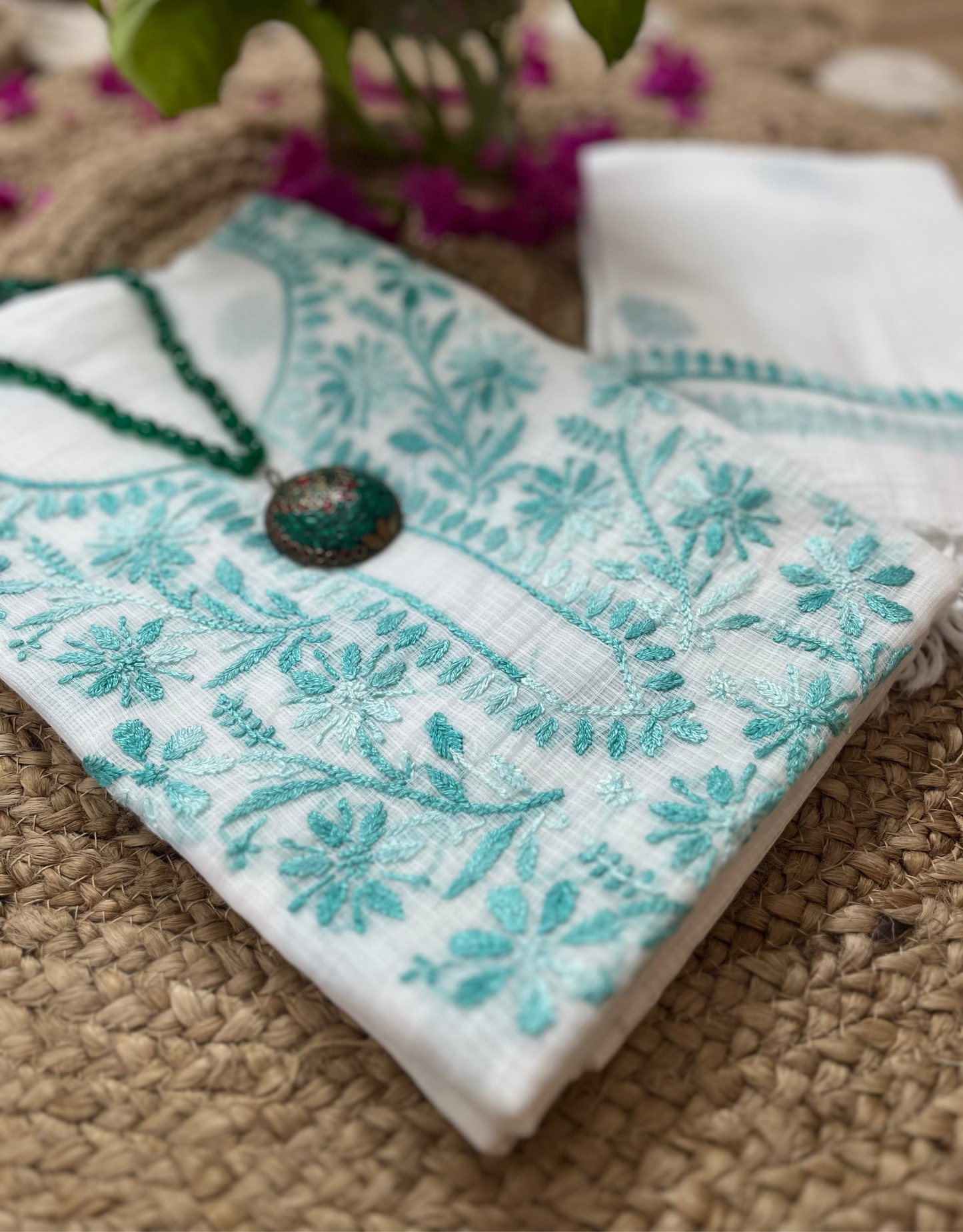 White Green Kota Doriya Chikankari Suit Set
