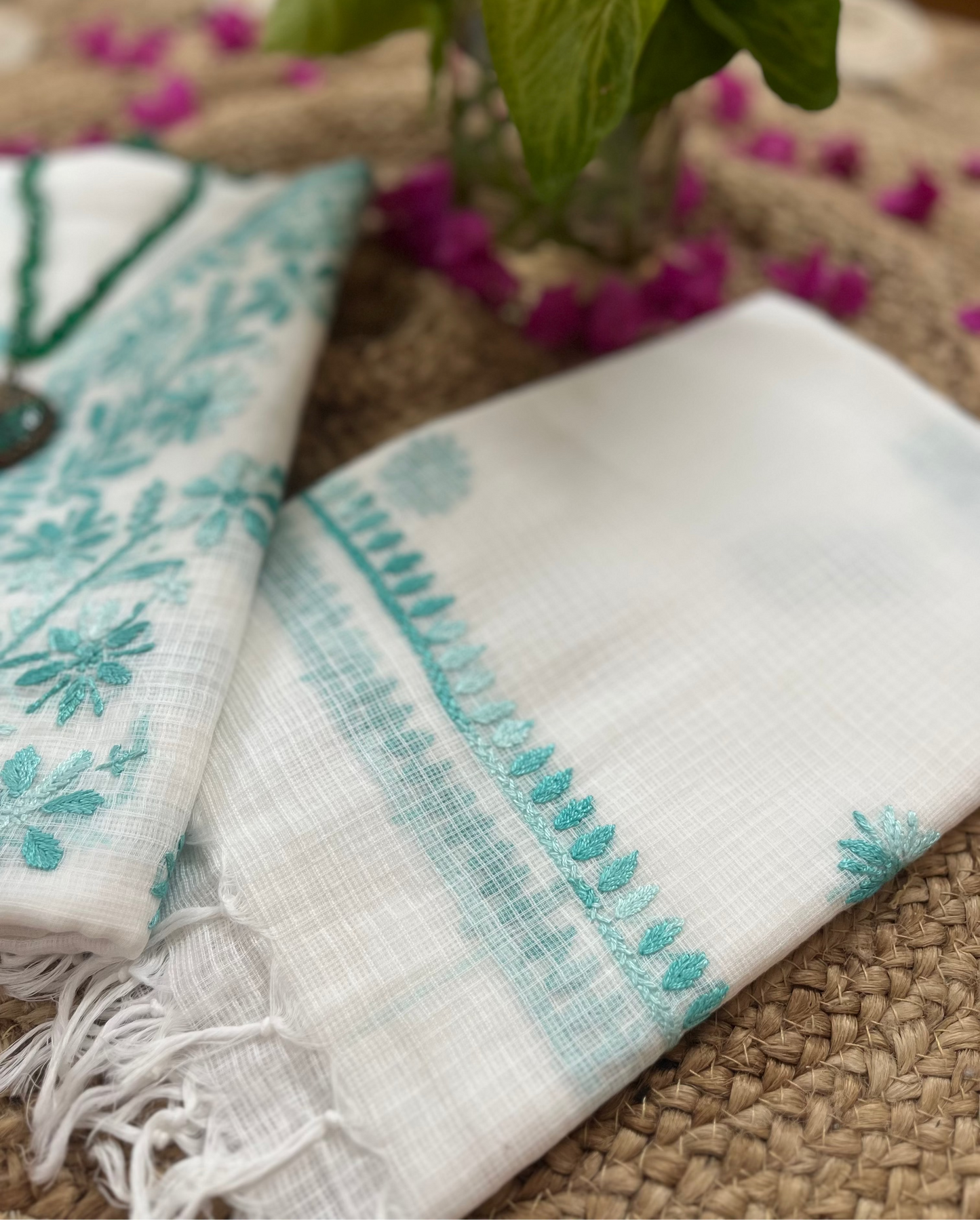 White Green Kota Doriya Chikankari Suit Set