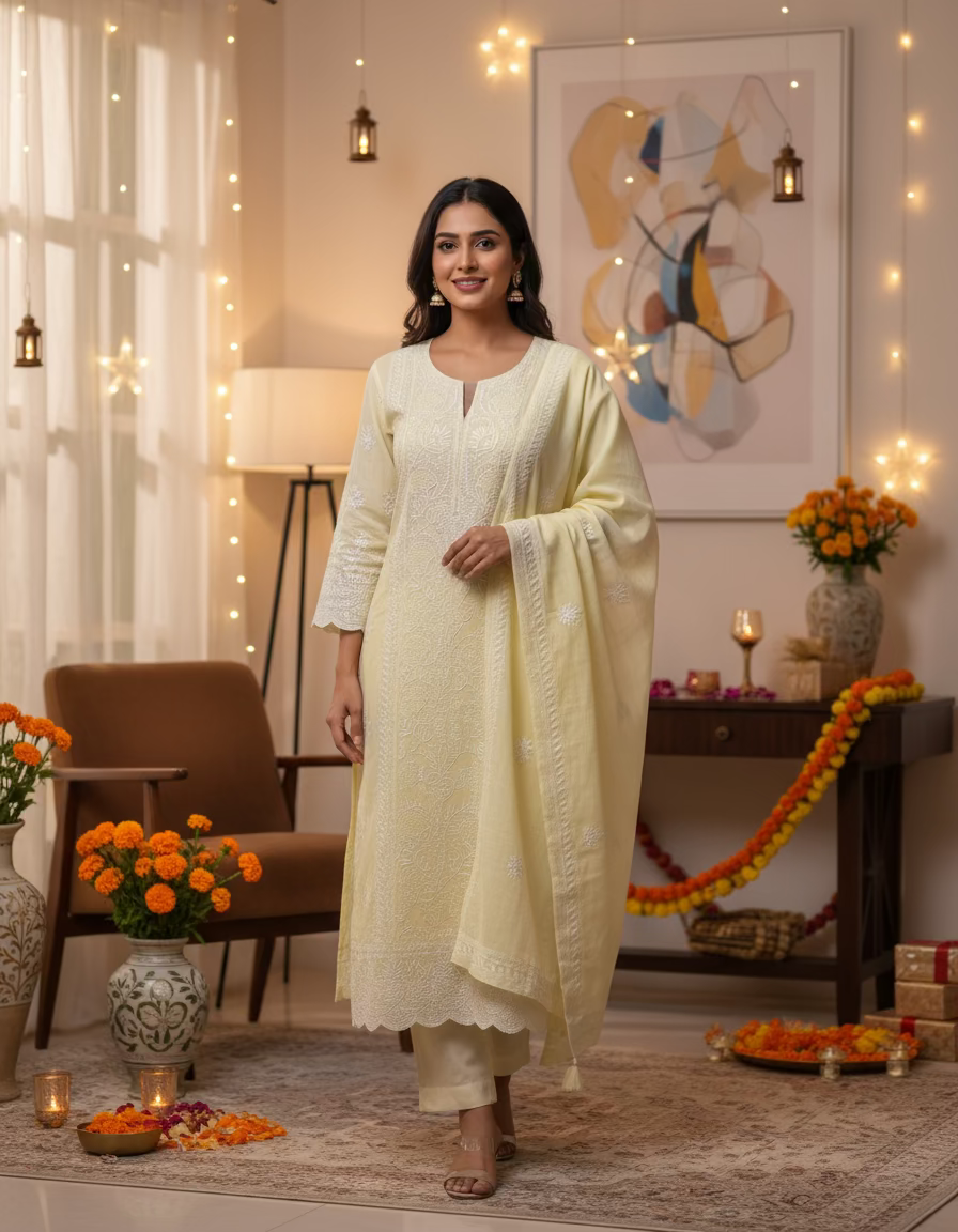 Light yellow fabric with intricate white embroidery on a textured surface.