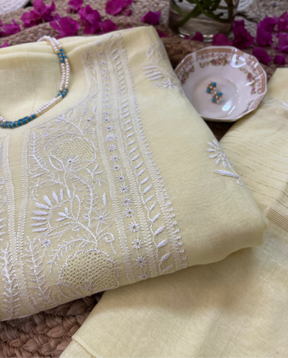 Butter Yellow Chikankari Suit Set | Mul Chanderi Fabric