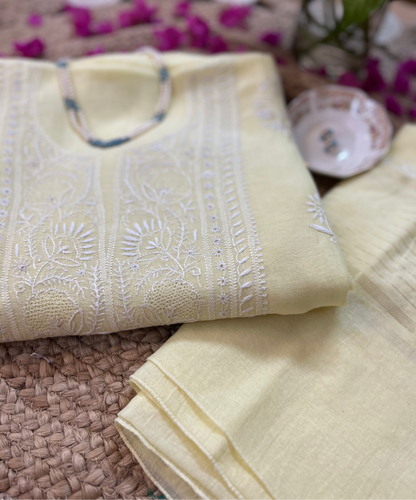 Butter Yellow Chikankari Suit Set | Mul Chanderi Fabric
