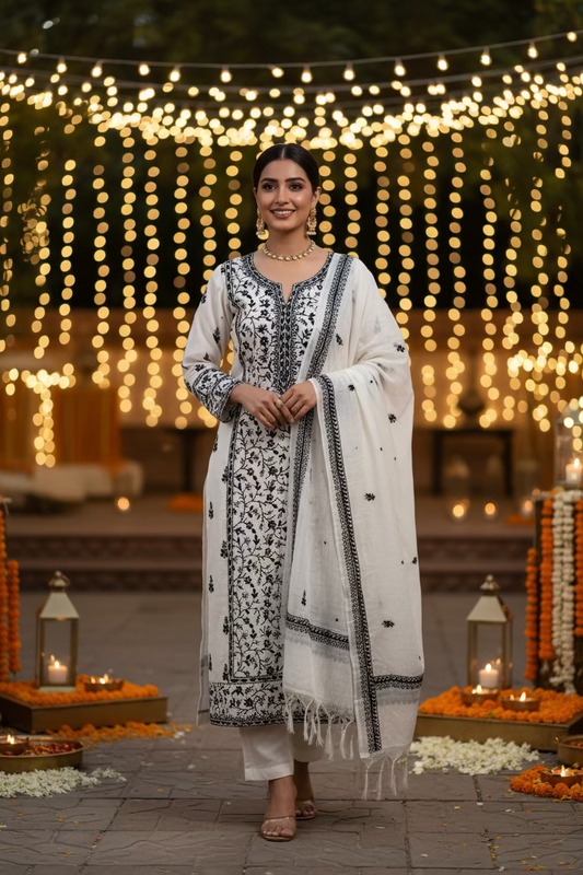 Two white cloths with black patterns on a textured surface with green leaves and white flowers.