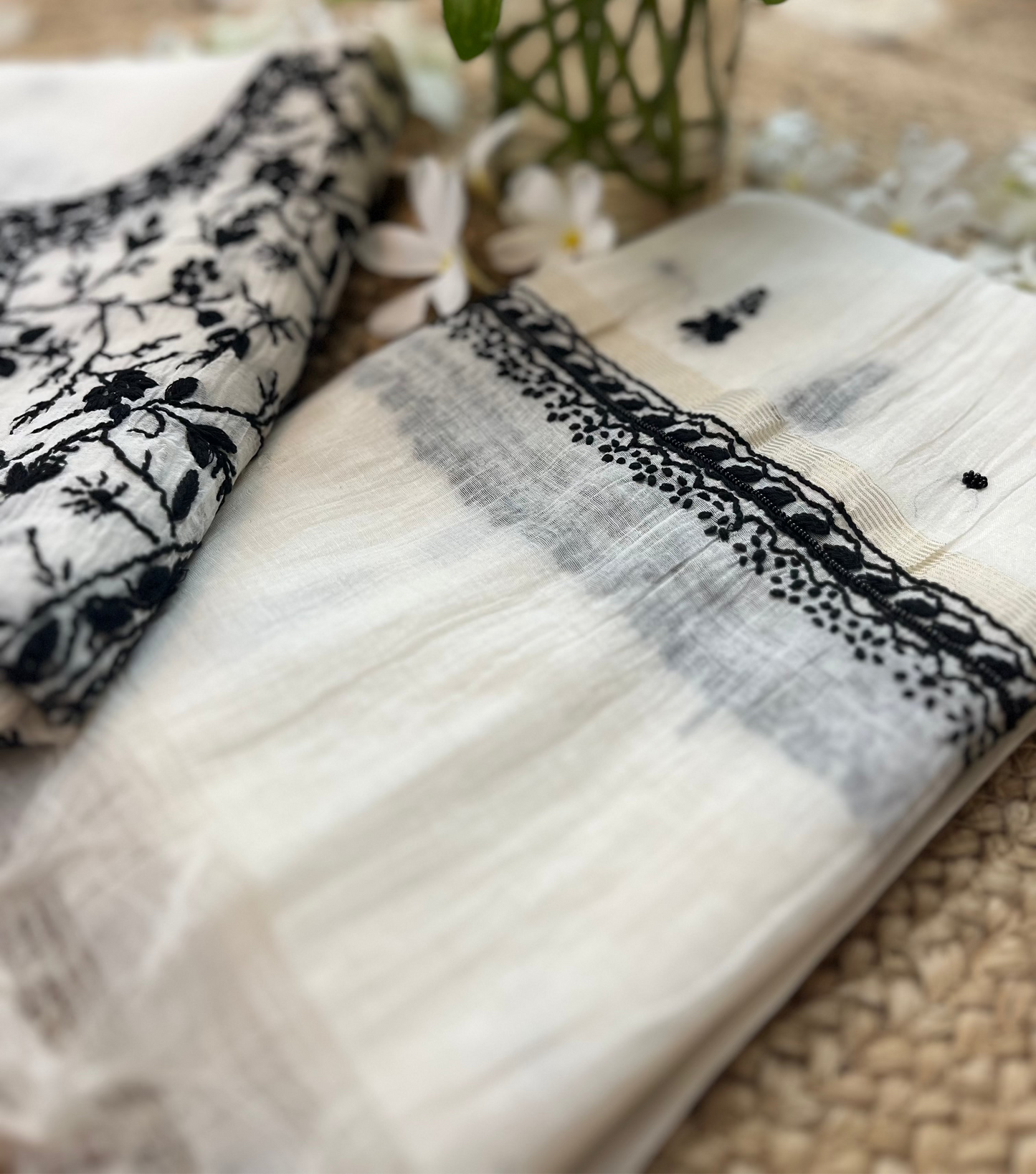 Black & White Mul Chanderi Chikankari Suit Set