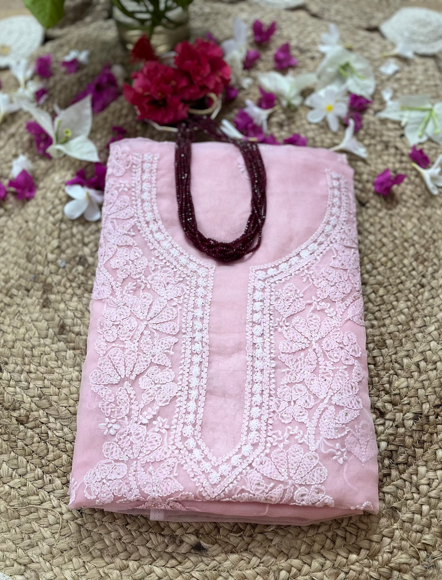 Pink Chikankari Suit Set | Organza Fabric