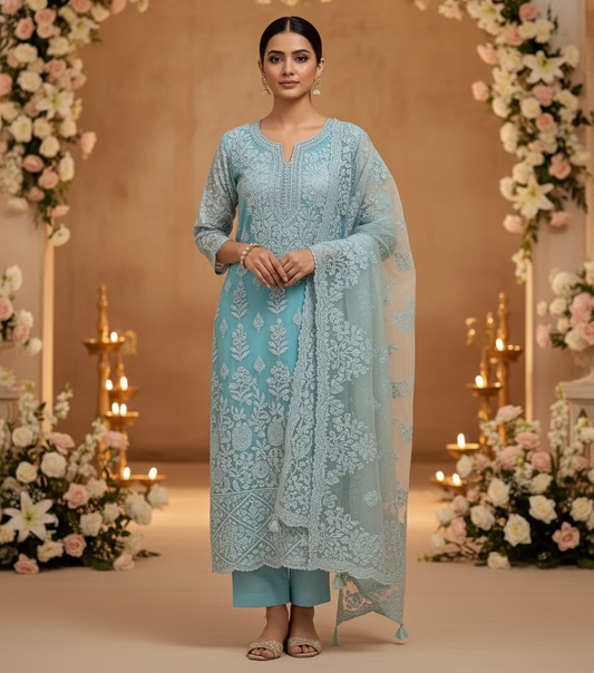 Light blue embroidered garment with a necklace on a textured surface with flowers.