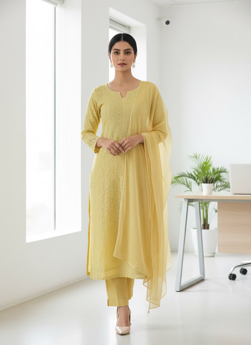 Yellow fabric with a beaded necklace on a textured surface