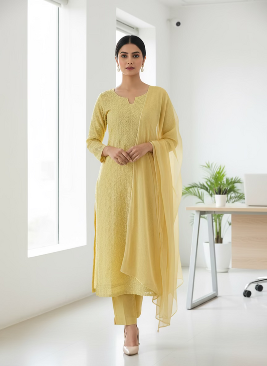 Yellow fabric with a beaded necklace on a textured surface