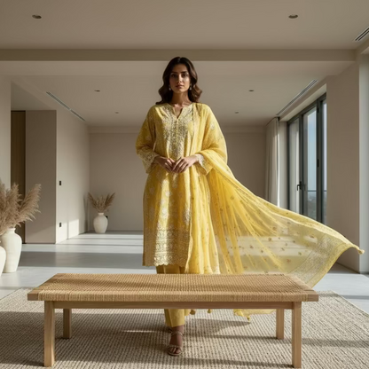 Two yellow cloths on a textured surface with two candle holders and candles.