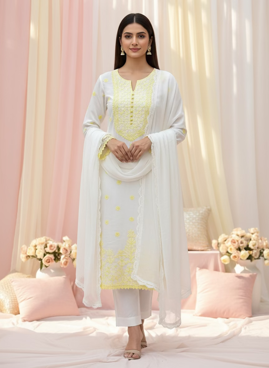 White fabric with yellow border on a textured surface with green leaves and a candle.