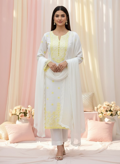 White fabric with yellow border on a textured surface with green leaves and a candle.