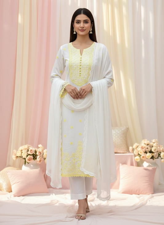 White fabric with yellow border on a textured surface with green leaves and a candle.