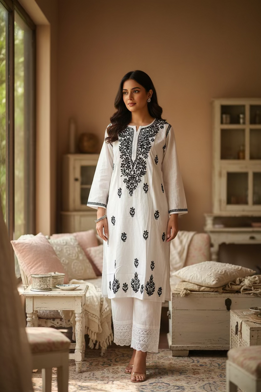 White Black Cotton Chikankari Kurta