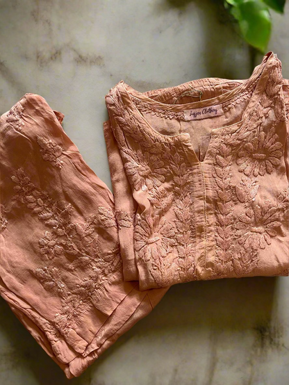 Nude Pink Crepe Chikankari Kurta Pant