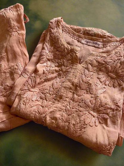 Nude Pink Crepe Chikankari Kurta Pant