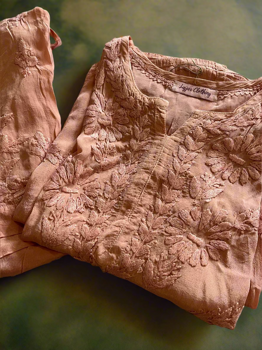 Nude Pink Crepe Chikankari Kurta Pant