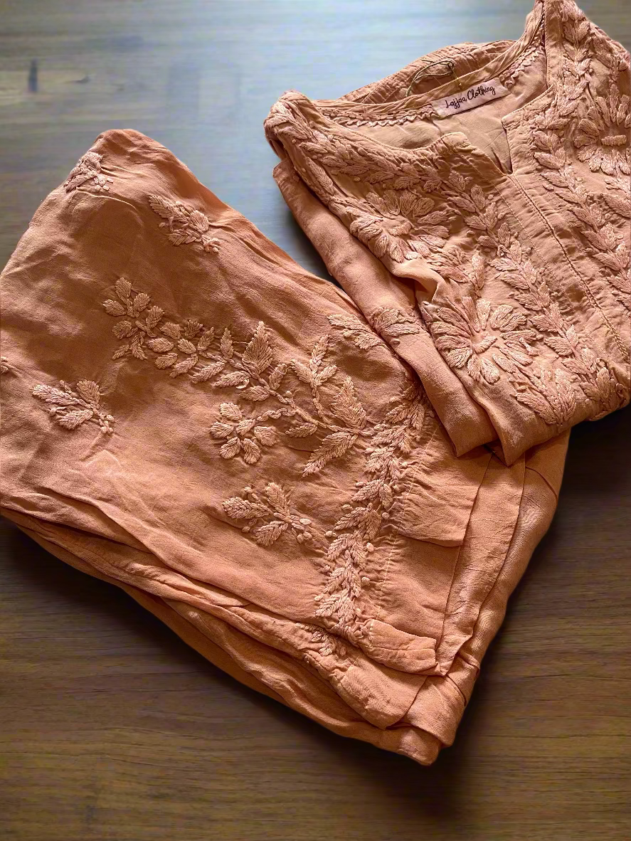 Nude Pink Crepe Chikankari Kurta Pant