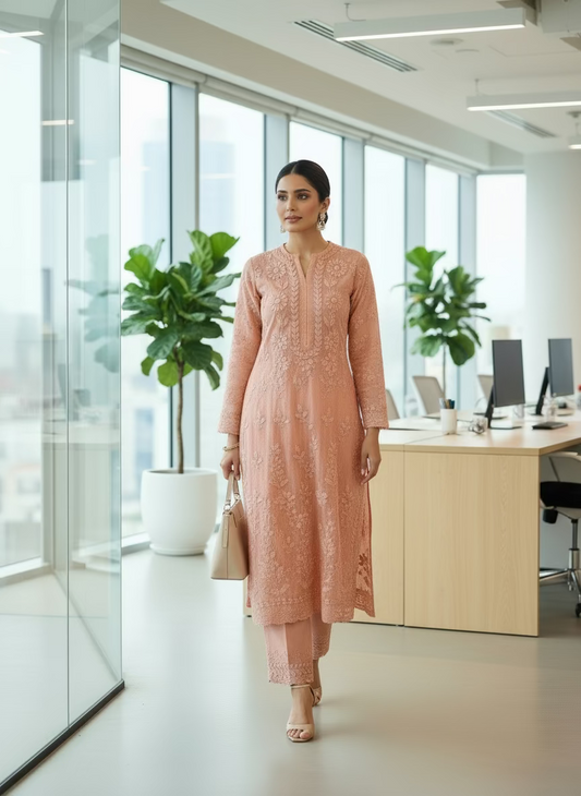 Folded pink fabric with floral embroidery on a floral-patterned bedspread