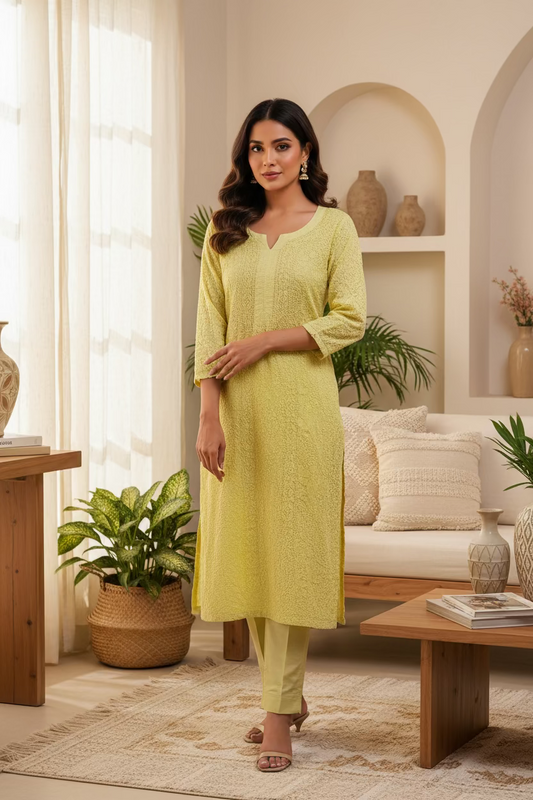 Folded yellow garment with a brand tag on a floral-patterned surface