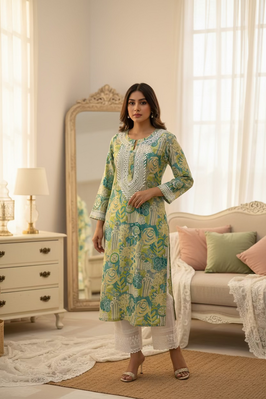 Green Cotton Chikankari Kurta