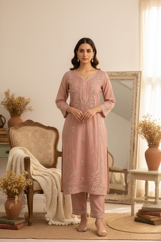 Brown embroidered outfit with floral decorations on a white background