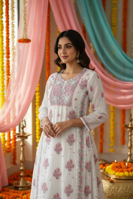 Kota Doriya Semi-Stitched Kurta in Grey and Pink