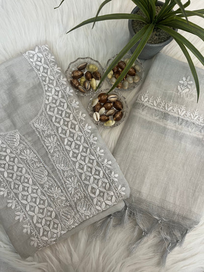 Silver Tissue Chanderi Chikankari Suit Set