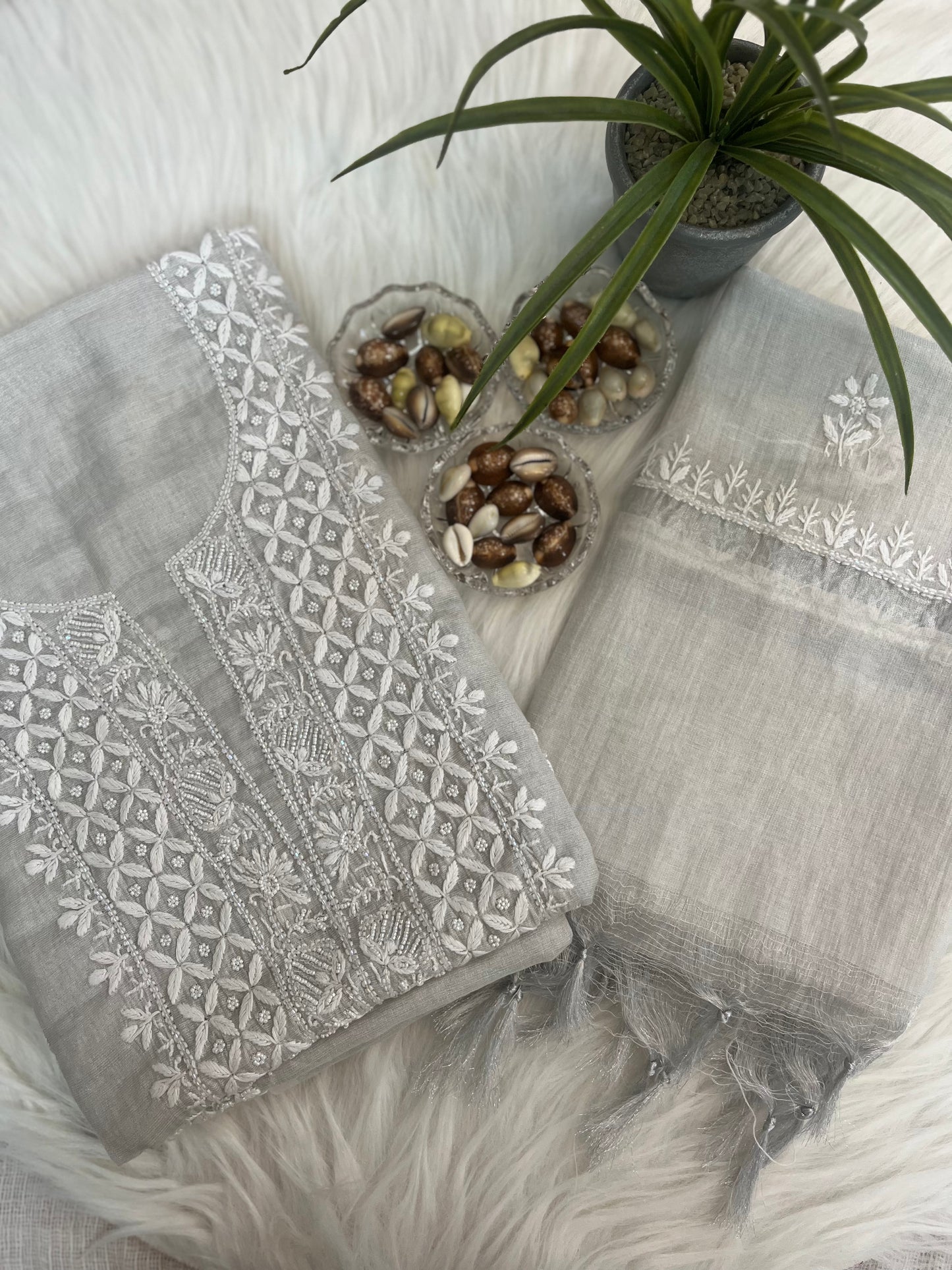 Silver Tissue Chanderi Chikankari Suit Set