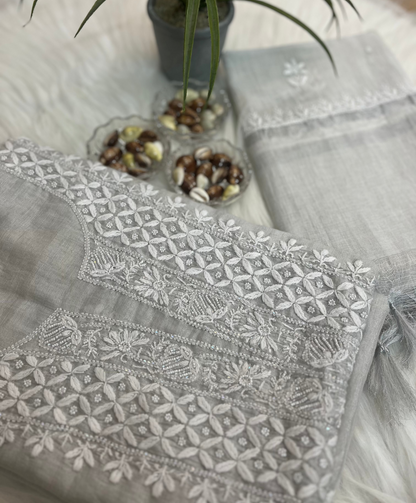 Silver Tissue Chanderi Chikankari Suit Set