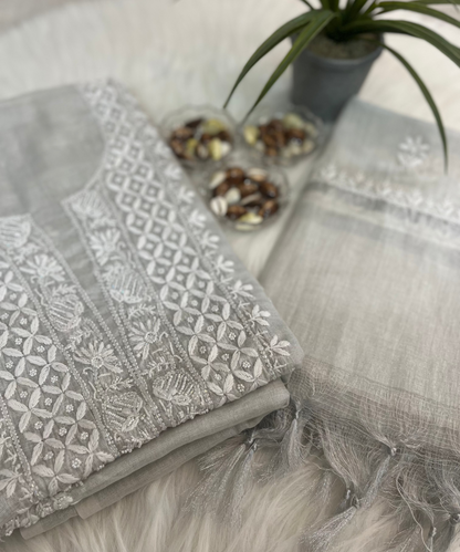 Silver Tissue Chanderi Chikankari Suit Set