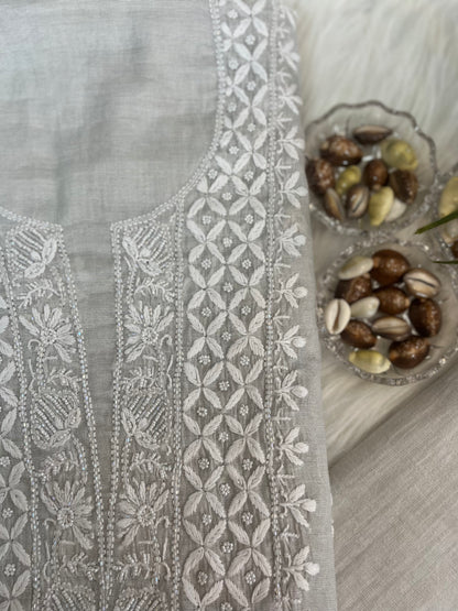 Silver Tissue Chanderi Chikankari Suit Set