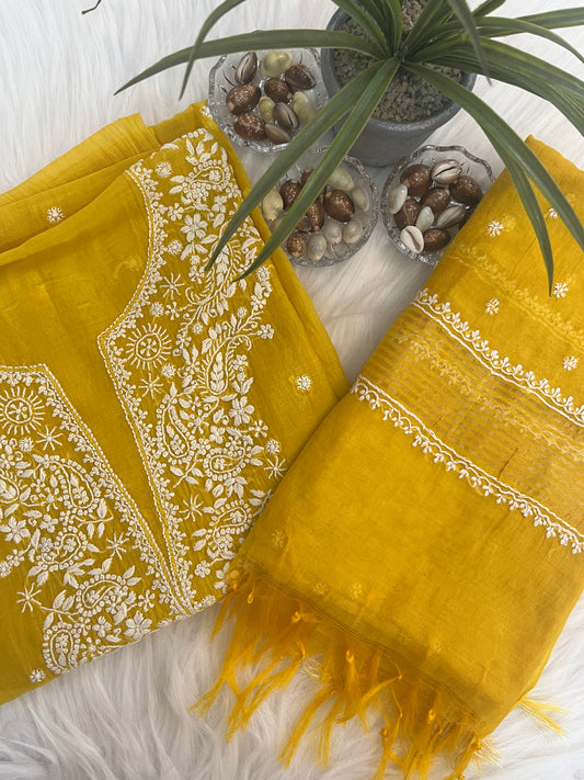 Yellow Mul Chanderi Chikankari Suit Set