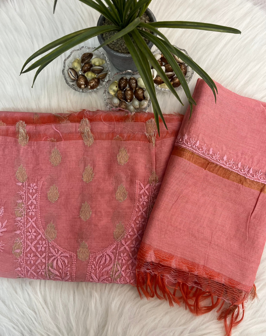 Peach Banarasi Butta Chikankari Suit Set