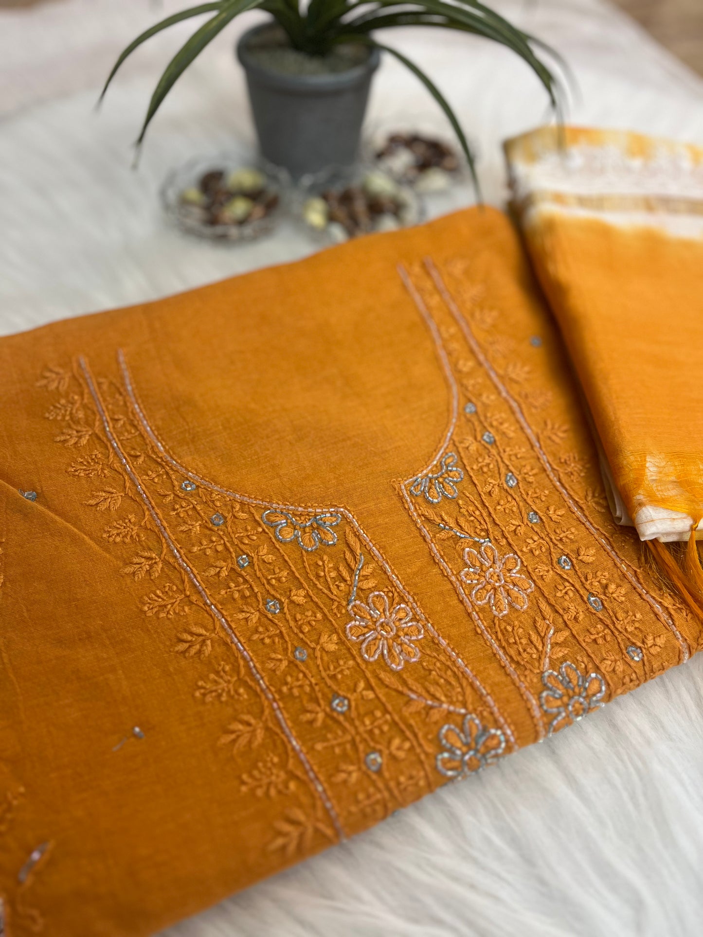 Tangerine Cotton Chanderi Sequins Chikankari Suit Set