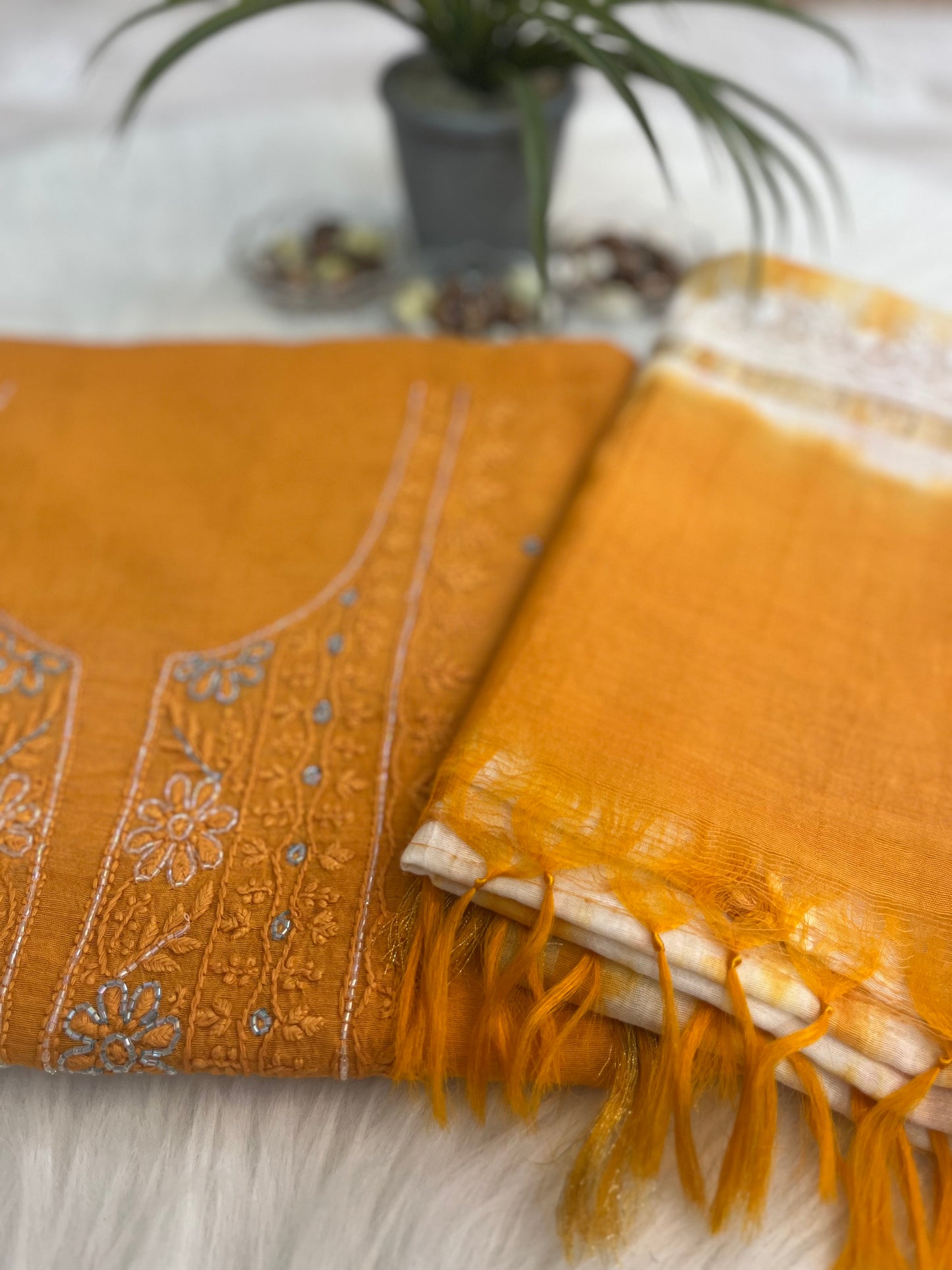 Tangerine Cotton Chanderi Sequins Chikankari Suit Set