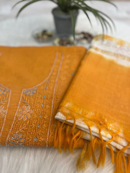 Tangerine Cotton Chanderi Sequins Chikankari Suit Set