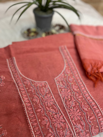 Peach Cotton Chanderi Chikankari Suit Set