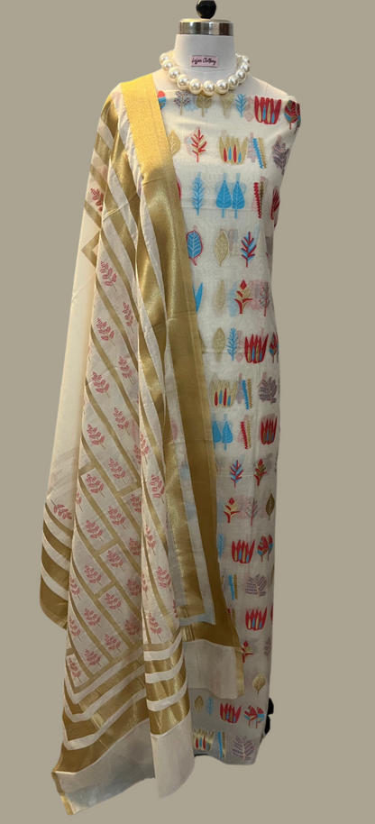 White Red Blue Banarasi Muslin Cotton Suit Set