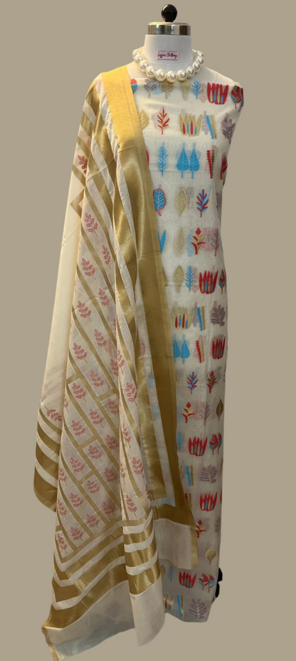 White Red Blue Banarasi Muslin Cotton Suit Set