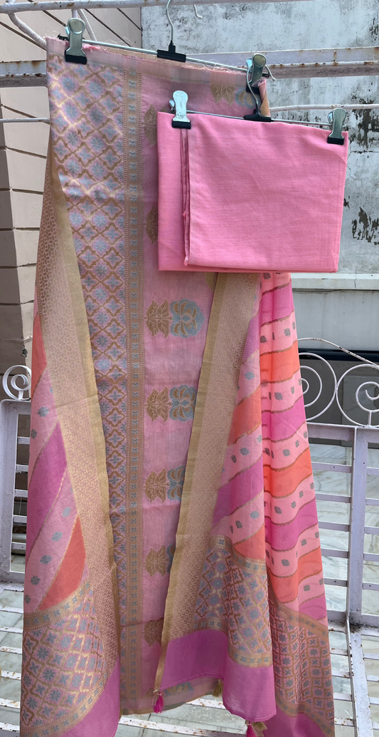 Pink Blue Banarasi Cotton Silk Suit Set