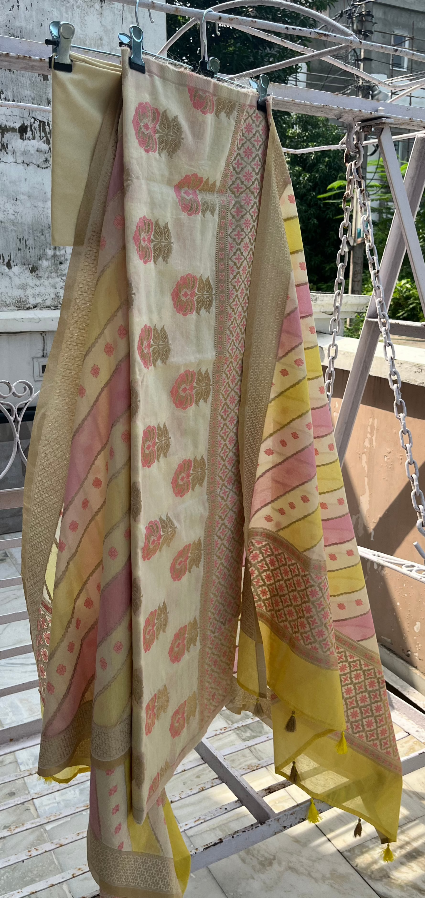 Lemon Pink Banarasi Cotton Silk Suit Set