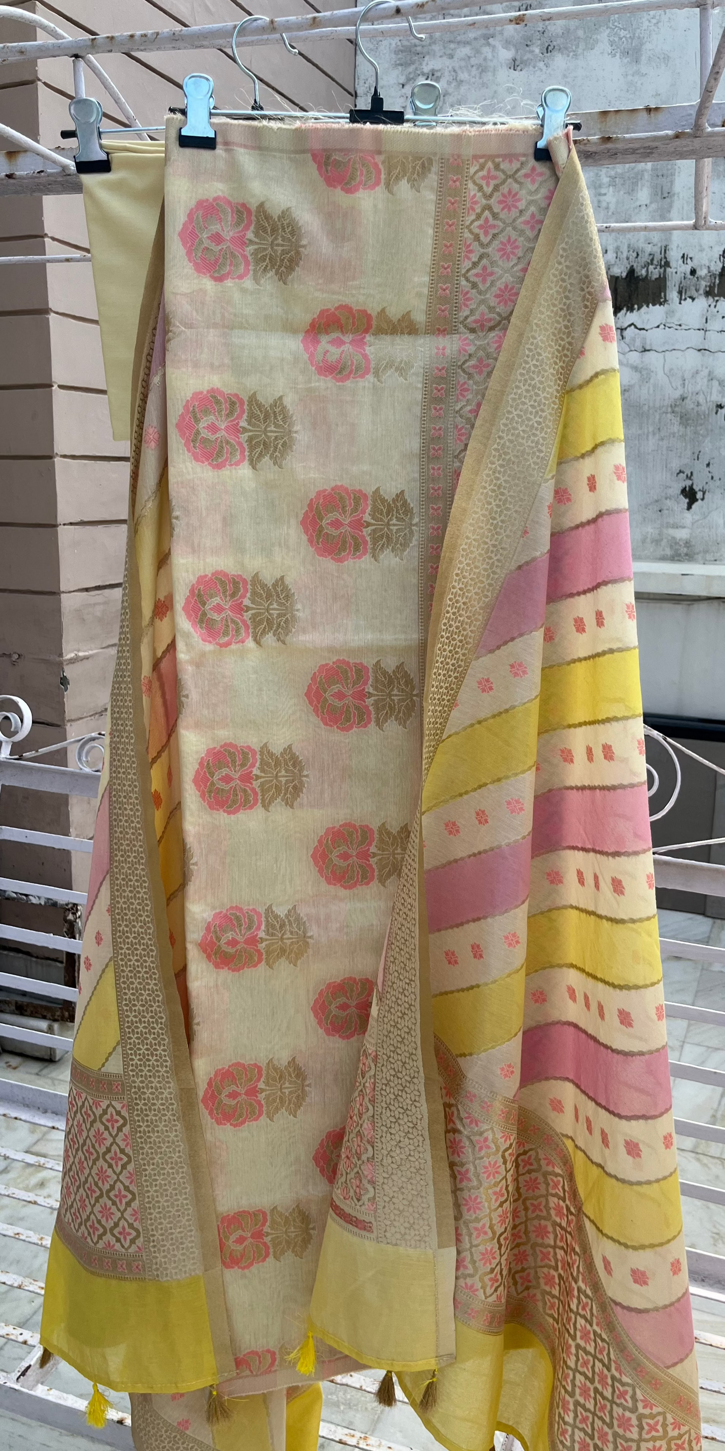 Lemon Pink Banarasi Cotton Silk Suit Set