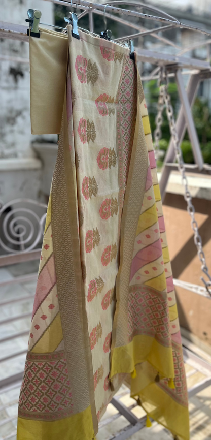 Lemon Pink Banarasi Cotton Silk Suit Set