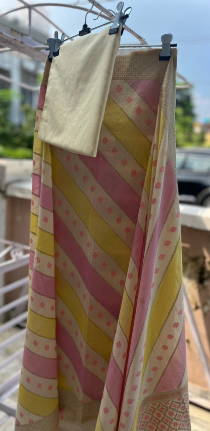 Lemon Pink Banarasi Cotton Silk Suit Set