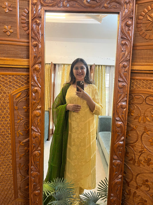 Yellow Crepe Chikankari Kurta Pant