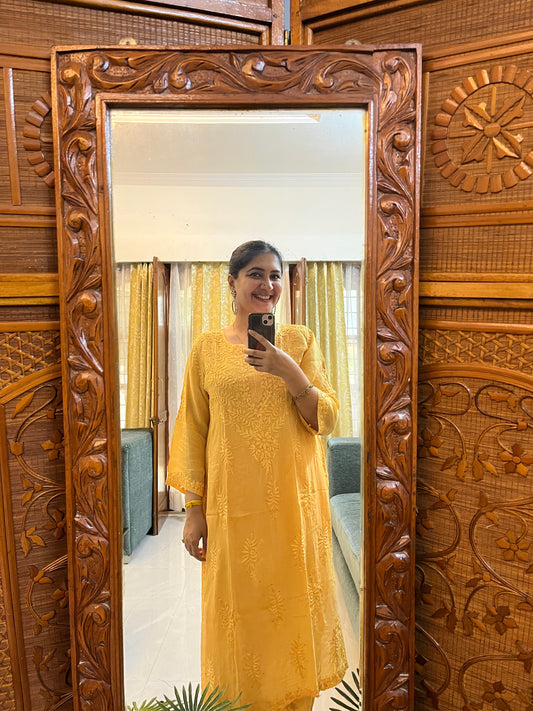 Yellow Muslin Mukaish Chikankari Kurta Pant Set