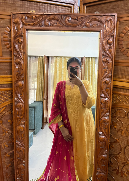 Yellow Muslin Mukaish Chikankari Kurta Pant Set