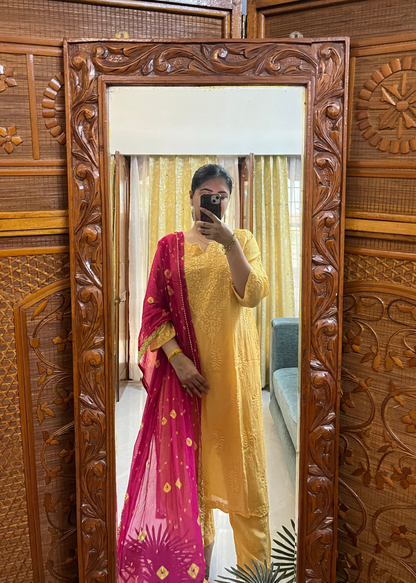 Yellow Muslin Mukaish Chikankari Kurta Pant Set