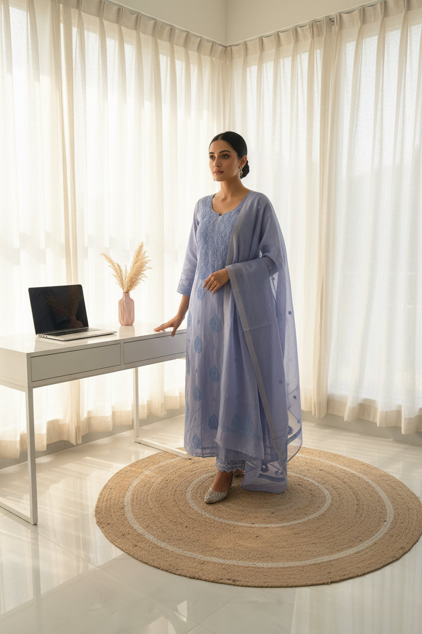 Lavender Chikankari Suit Set | Mul Chanderi Fabric